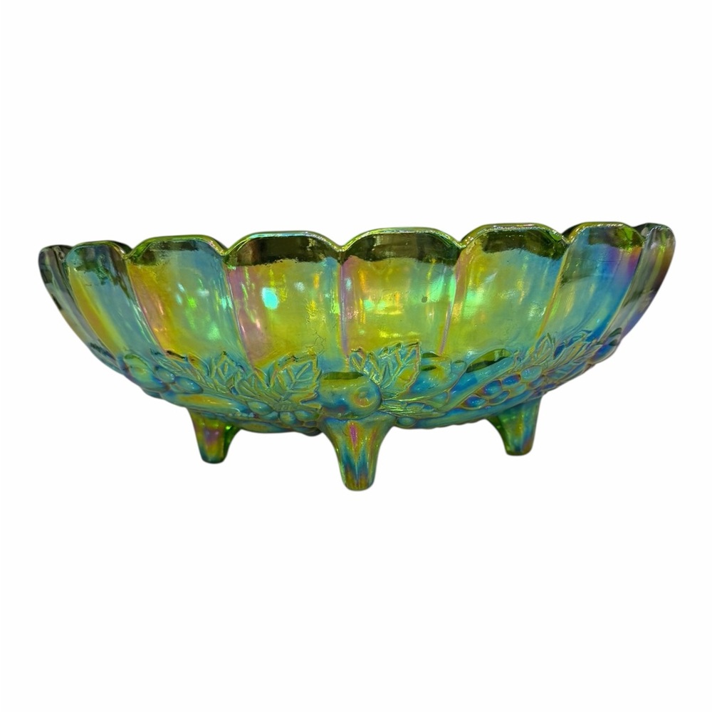 INDIANA GLASS Carnival Glass Harvest Grape Green Footed Fruit Bowl
